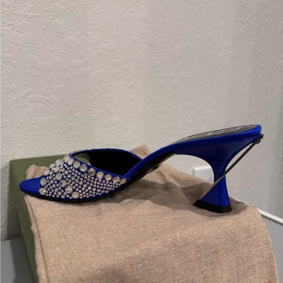 GUCCI Galactica Satin Crystal 65mm Slide Blue Sandals Size 37 NIB - Picture 4 of 9